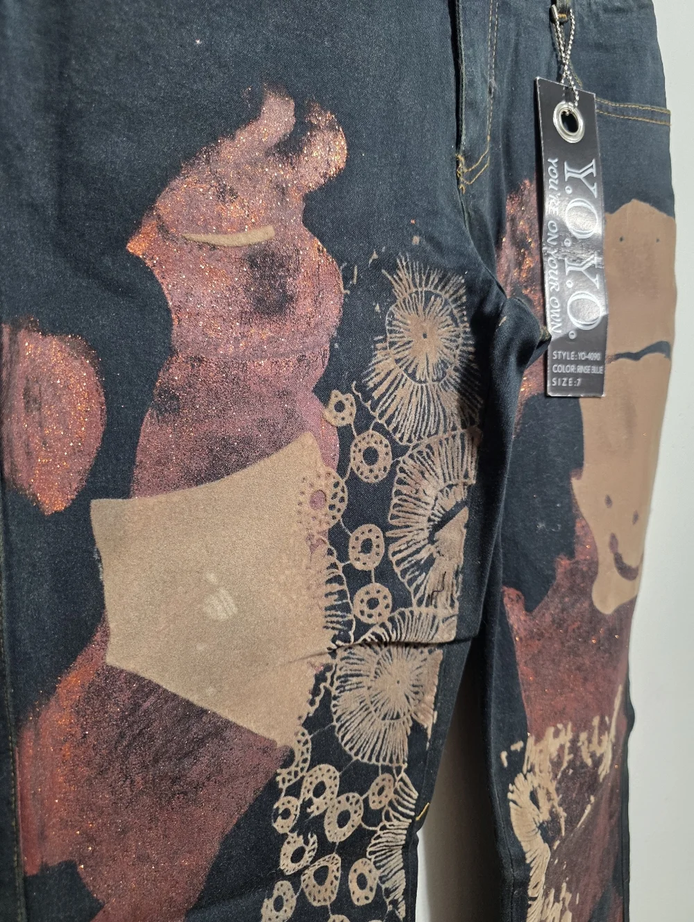 NWT! YOYO Juniors Size 7 Abstract Print Flare Jeans Brown Black Boho Denim - Picture 6 of 6